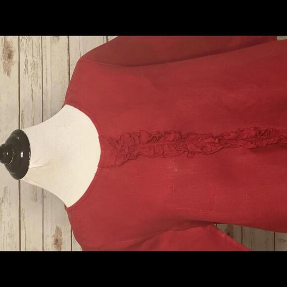 Bryn Walker tomato girl red ruffle front 3/4 length sleeve linen top Size Small - Picture 2 of 6